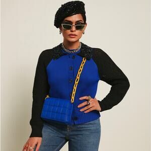 LOVE MOSCHINO Colorblock Sequin Collar Cardigan Sweater Wool Blue Sz 6 {3D35}